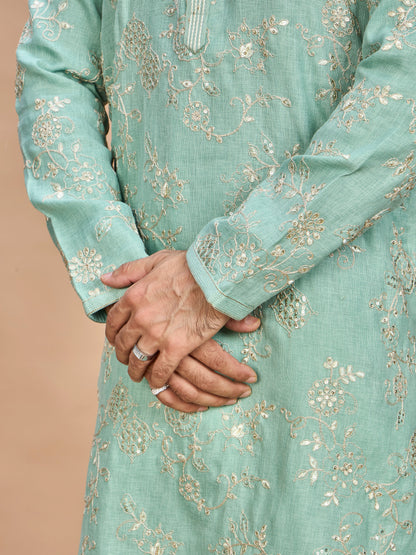 Pista Pastel Embroidered Kurta for Men
