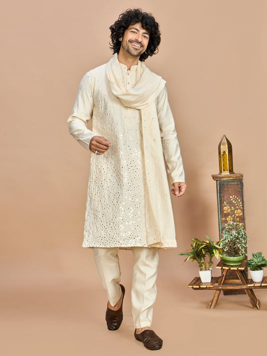 Cream Kurta with Dupatta and Bottom for Men
