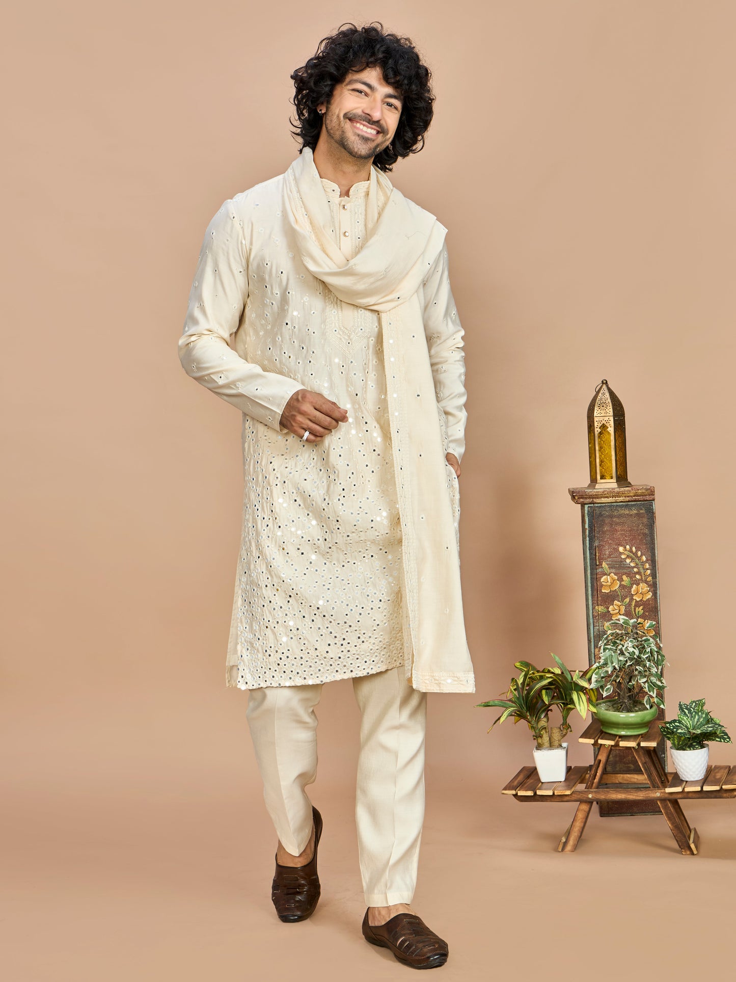 Cream Kurta with Dupatta and Bottom for Men