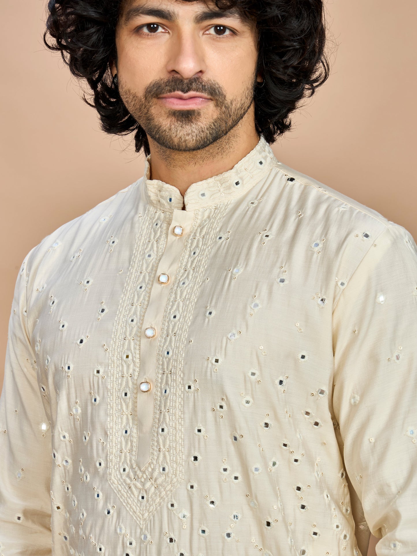 Cream Kurta with Dupatta and Bottom for Men