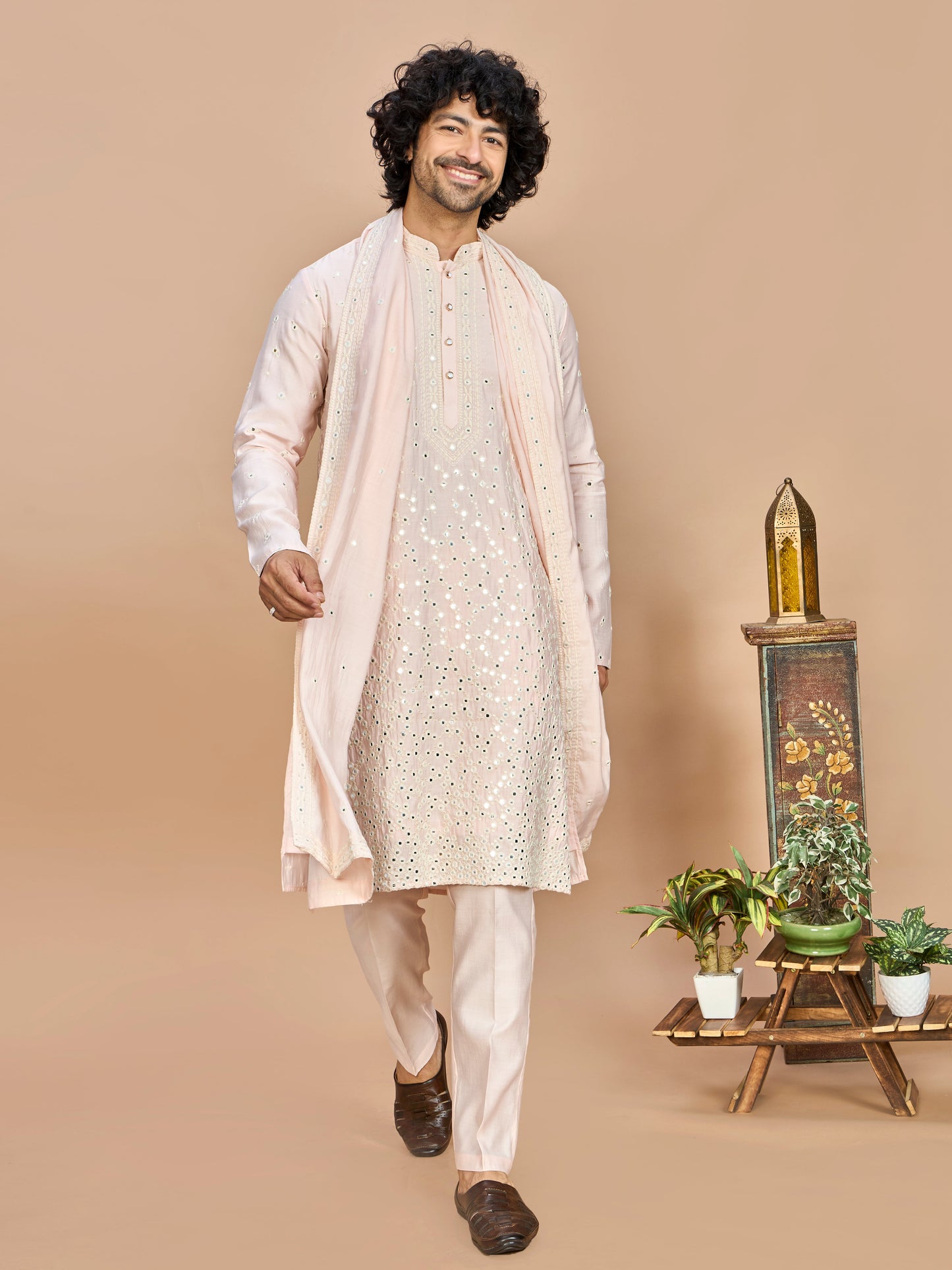 Pink Kurta with Dupatta and Bottom for Men