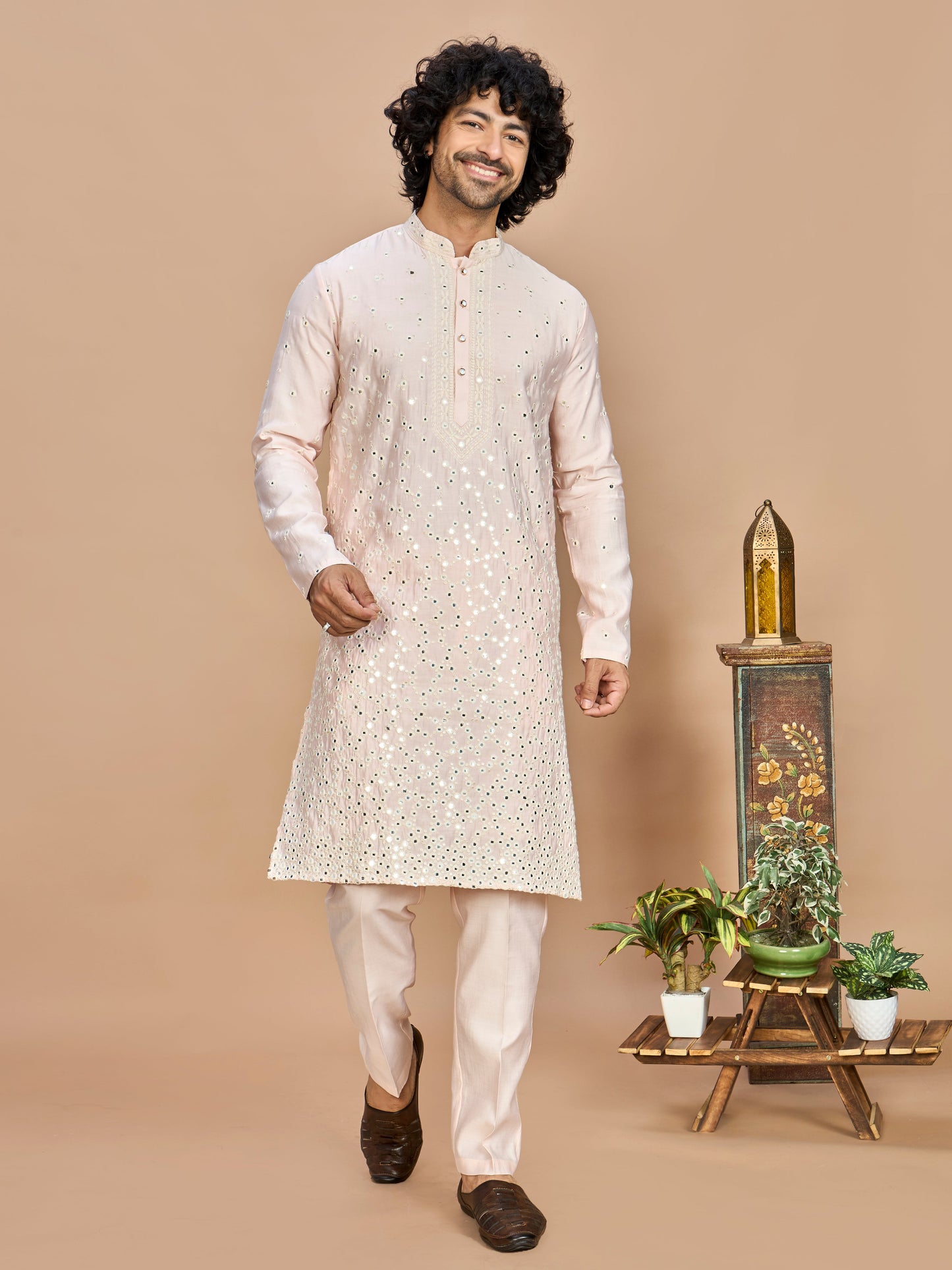 Pink Kurta with Dupatta and Bottom for Men
