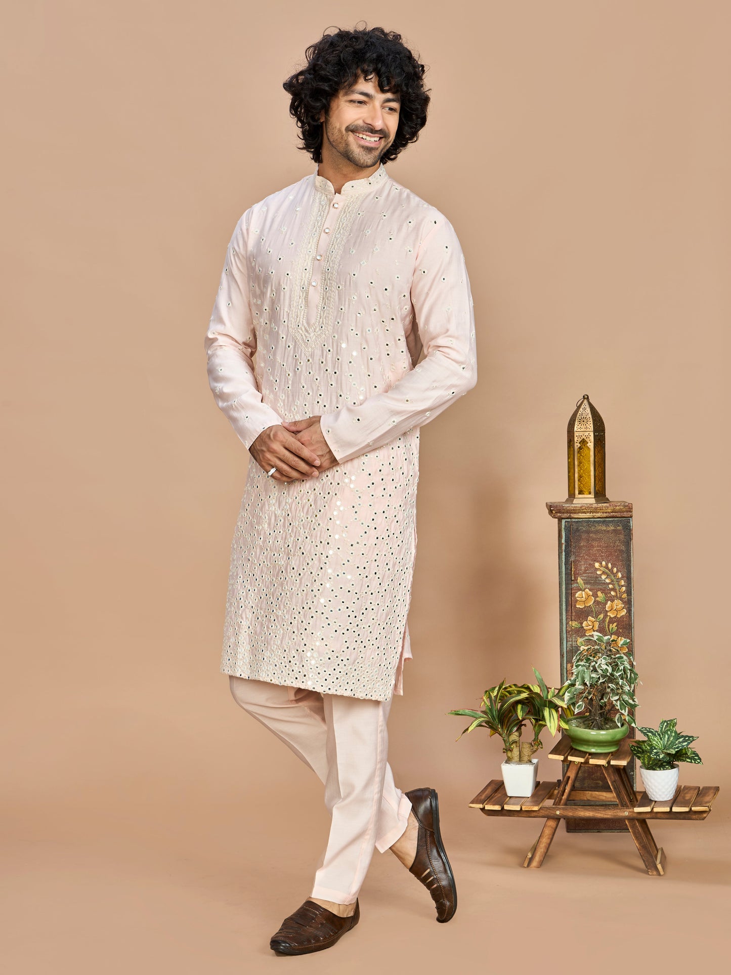 Pink Kurta with Dupatta and Bottom for Men