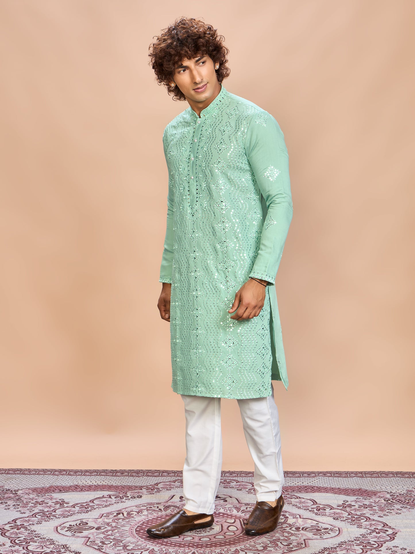 Sea Green Silk Embroidered Kurta Set