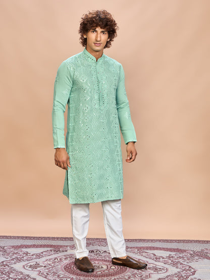 Sea Green Silk Embroidered Kurta Set