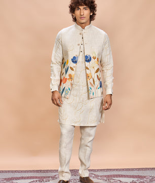 Orange Floral Linen Jacket Kurta Set for Men