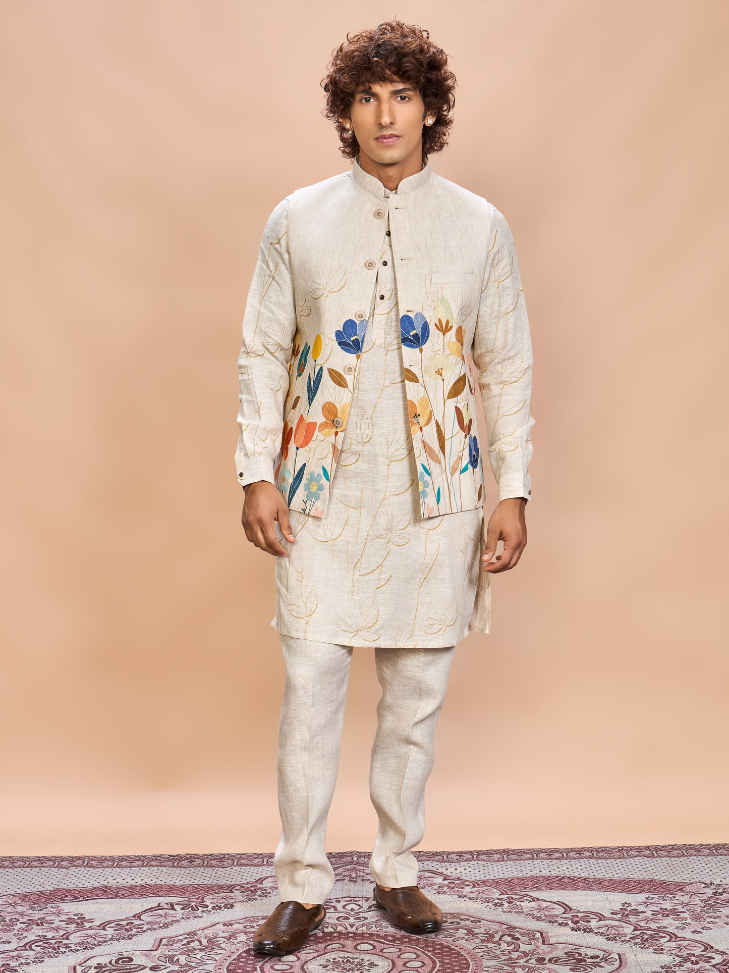 Orange Floral Linen Jacket Kurta Set for Men