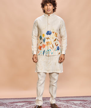 Orange Floral Linen Jacket Kurta Set for Men