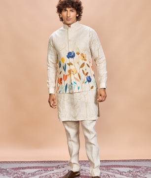 Orange Floral Linen Jacket Kurta Set for Men