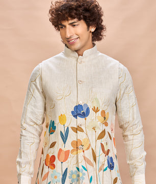 Orange Floral Linen Jacket Kurta Set for Men