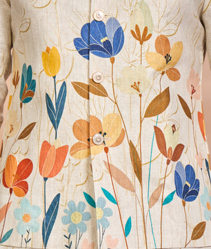 Orange Floral Linen Jacket Kurta Set for Men