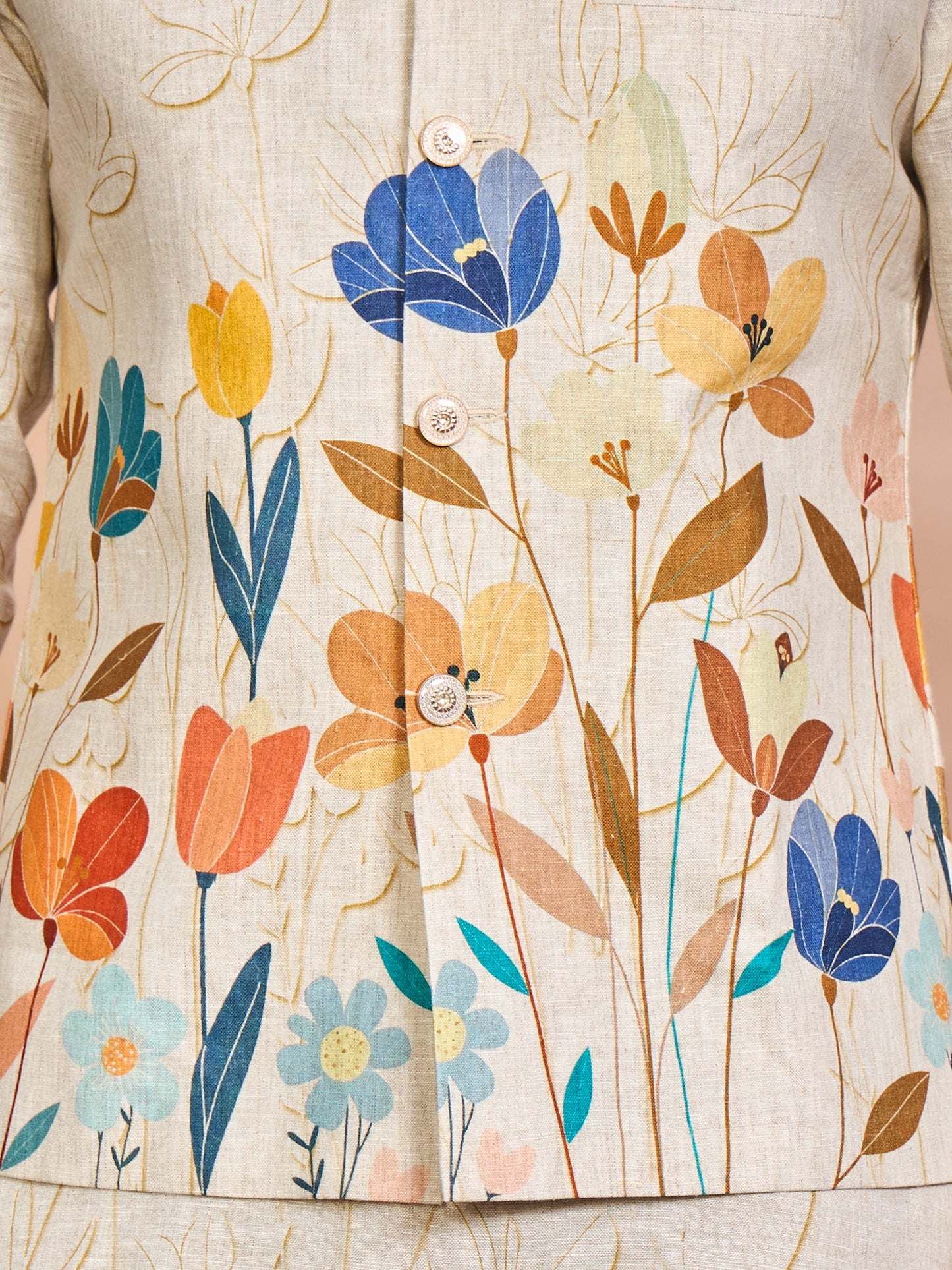 Orange Floral Linen Jacket Kurta Set for Men