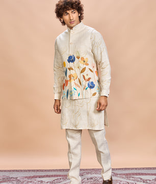 Orange Floral Linen Jacket Kurta Set for Men
