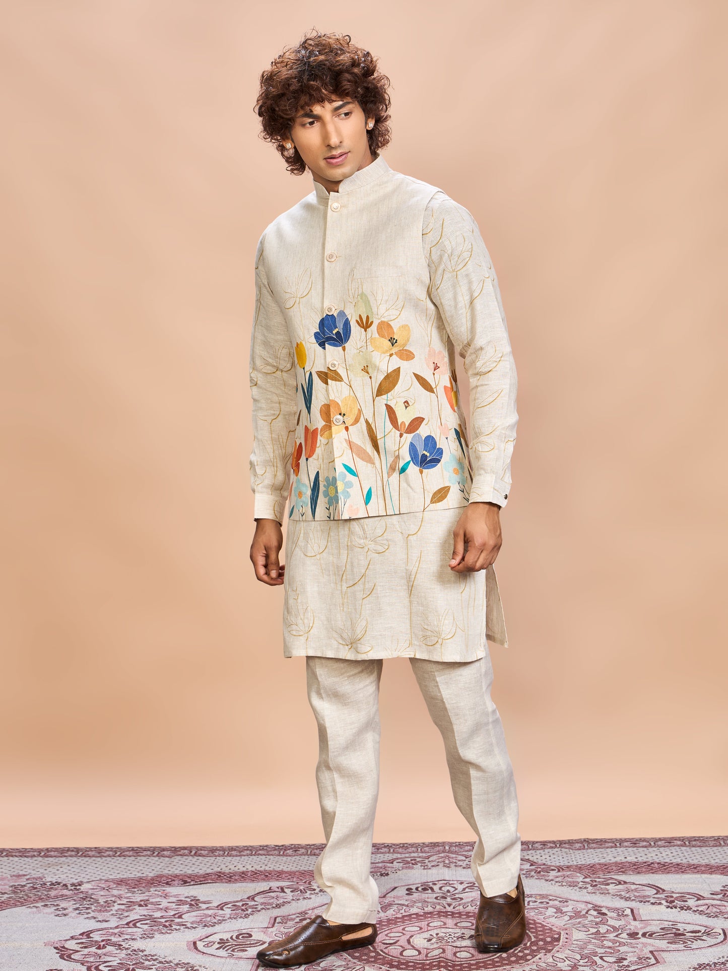 Orange Floral Linen Jacket Kurta Set for Men