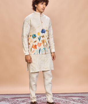 Orange Floral Linen Jacket Kurta Set for Men