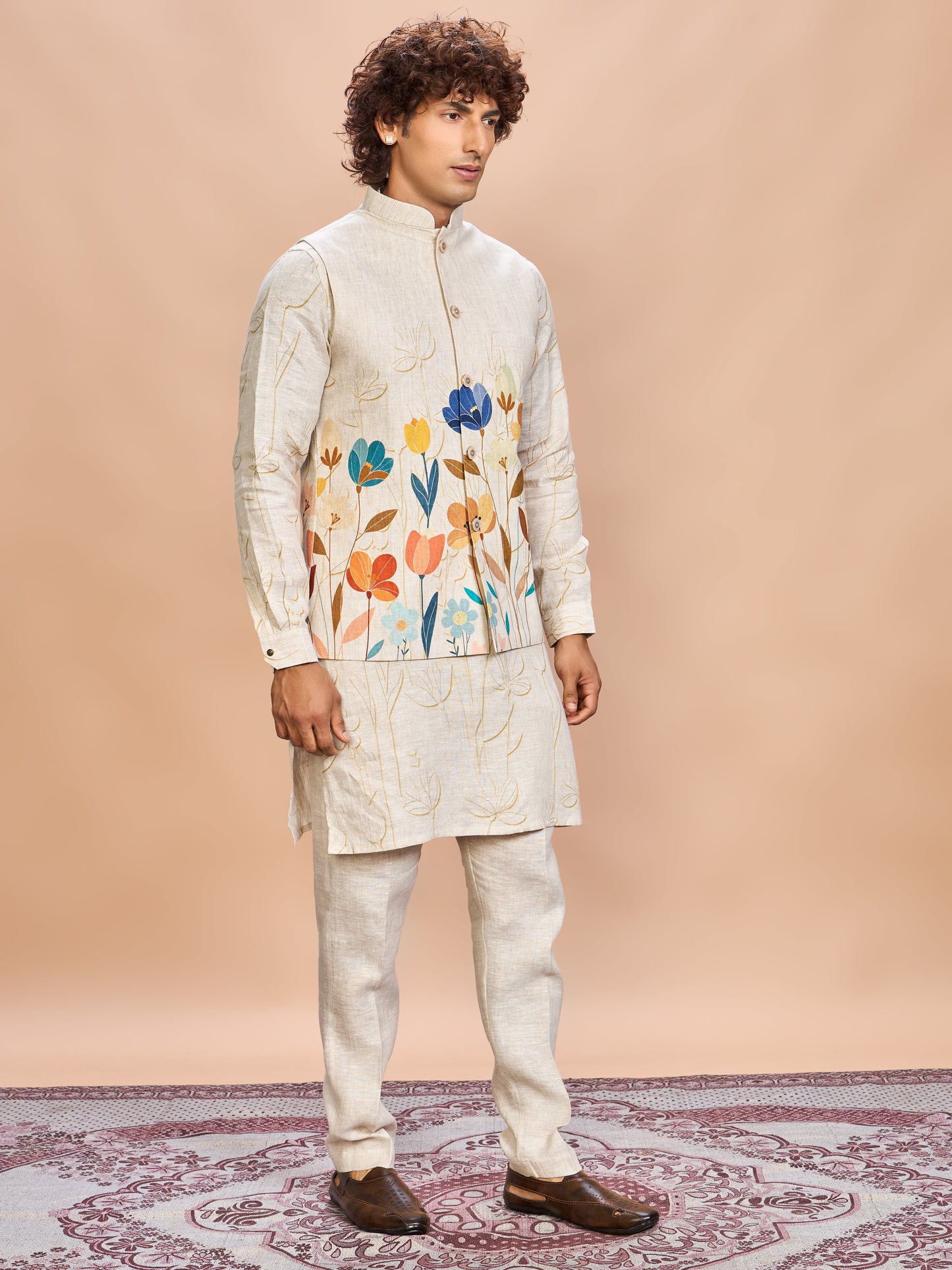 Orange Floral Linen Jacket Kurta Set for Men
