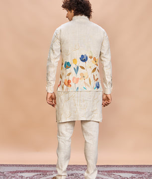 Orange Floral Linen Jacket Kurta Set for Men