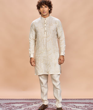 Orange Floral Linen Jacket Kurta Set for Men