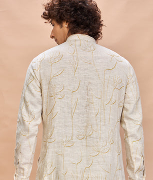Orange Floral Linen Jacket Kurta Set for Men
