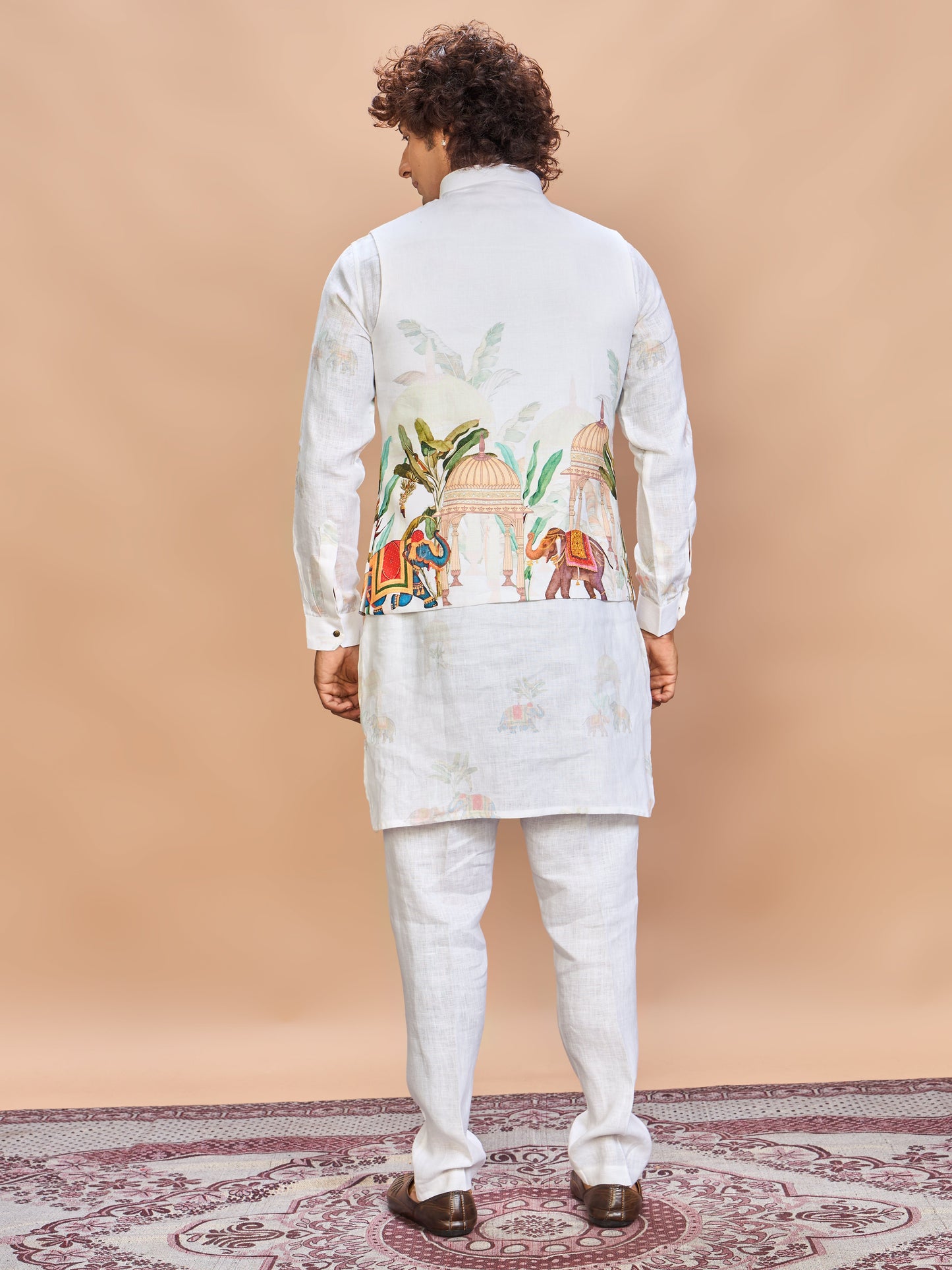 Cream Printed Linen Jacket Kurta Set for Men