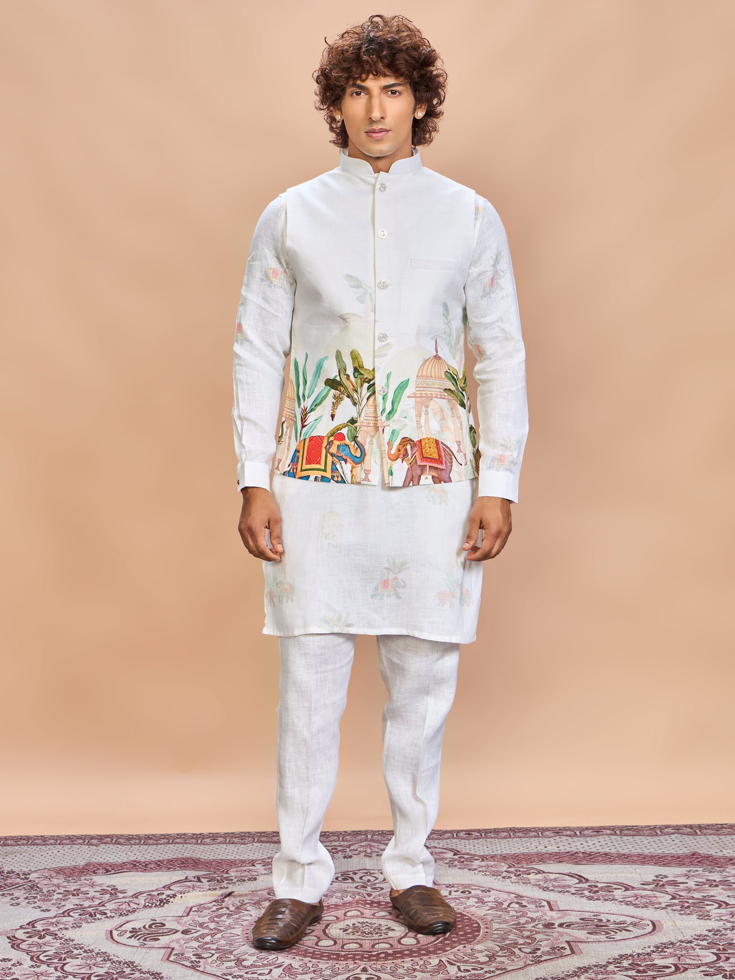 Cream Printed Linen Jacket Kurta Set for Men