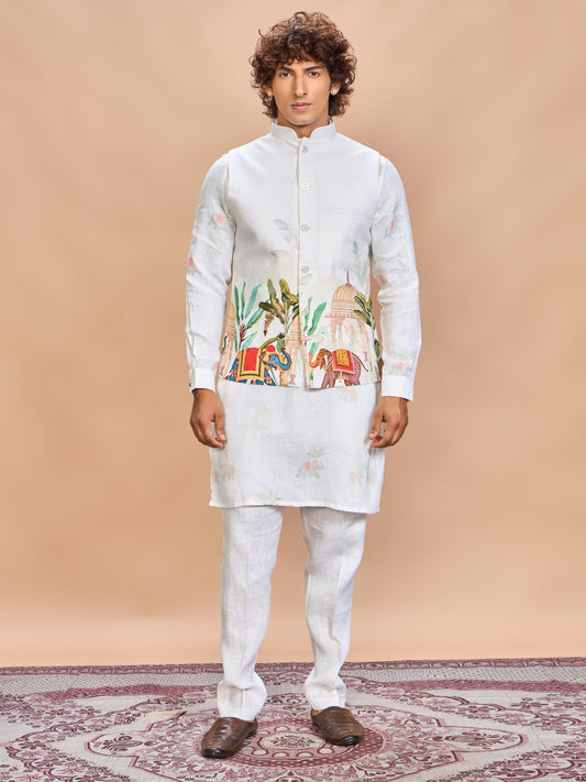 Cream Printed Linen Jacket Kurta Set for Men