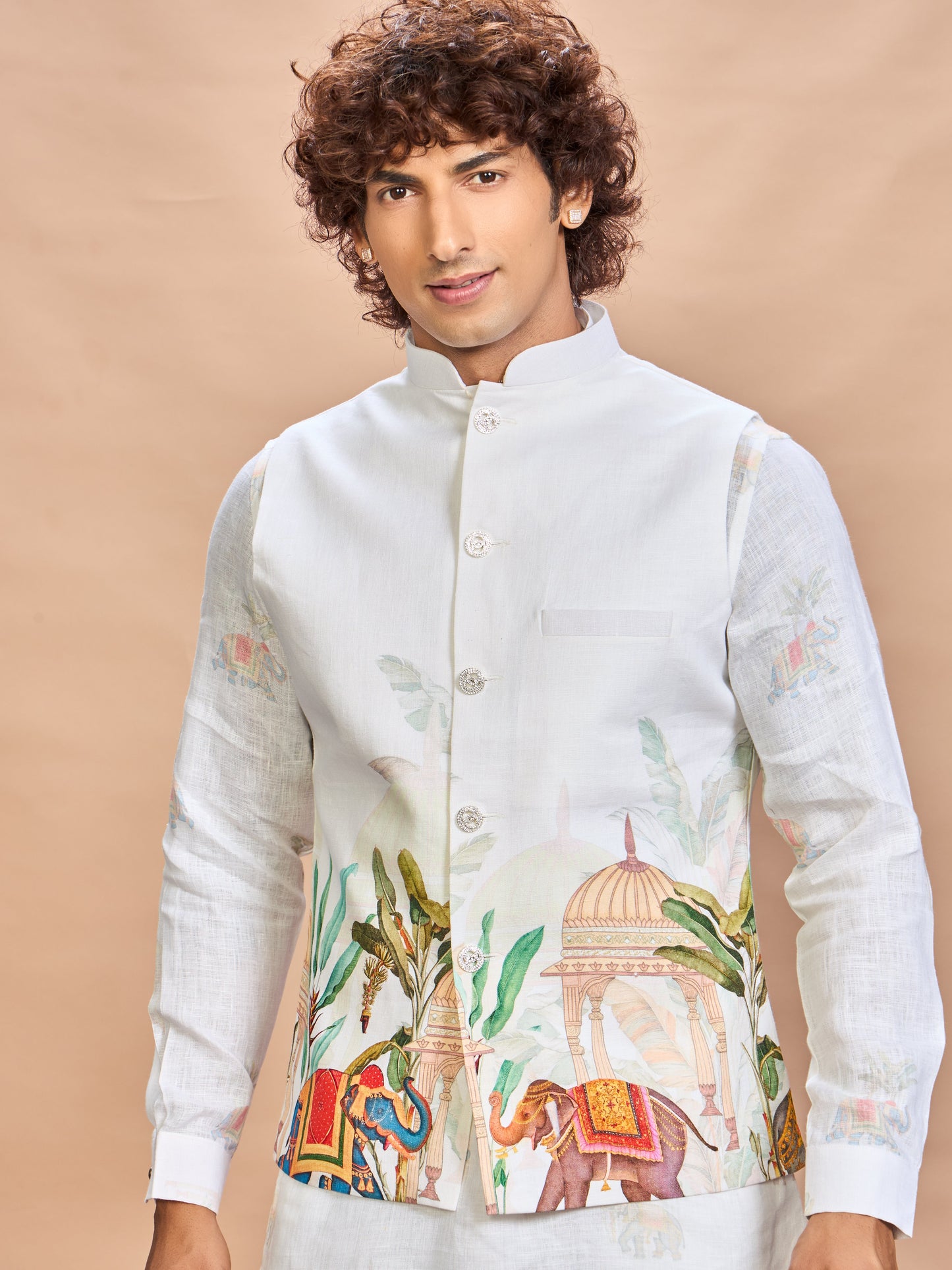 Cream Printed Linen Jacket Kurta Set for Men