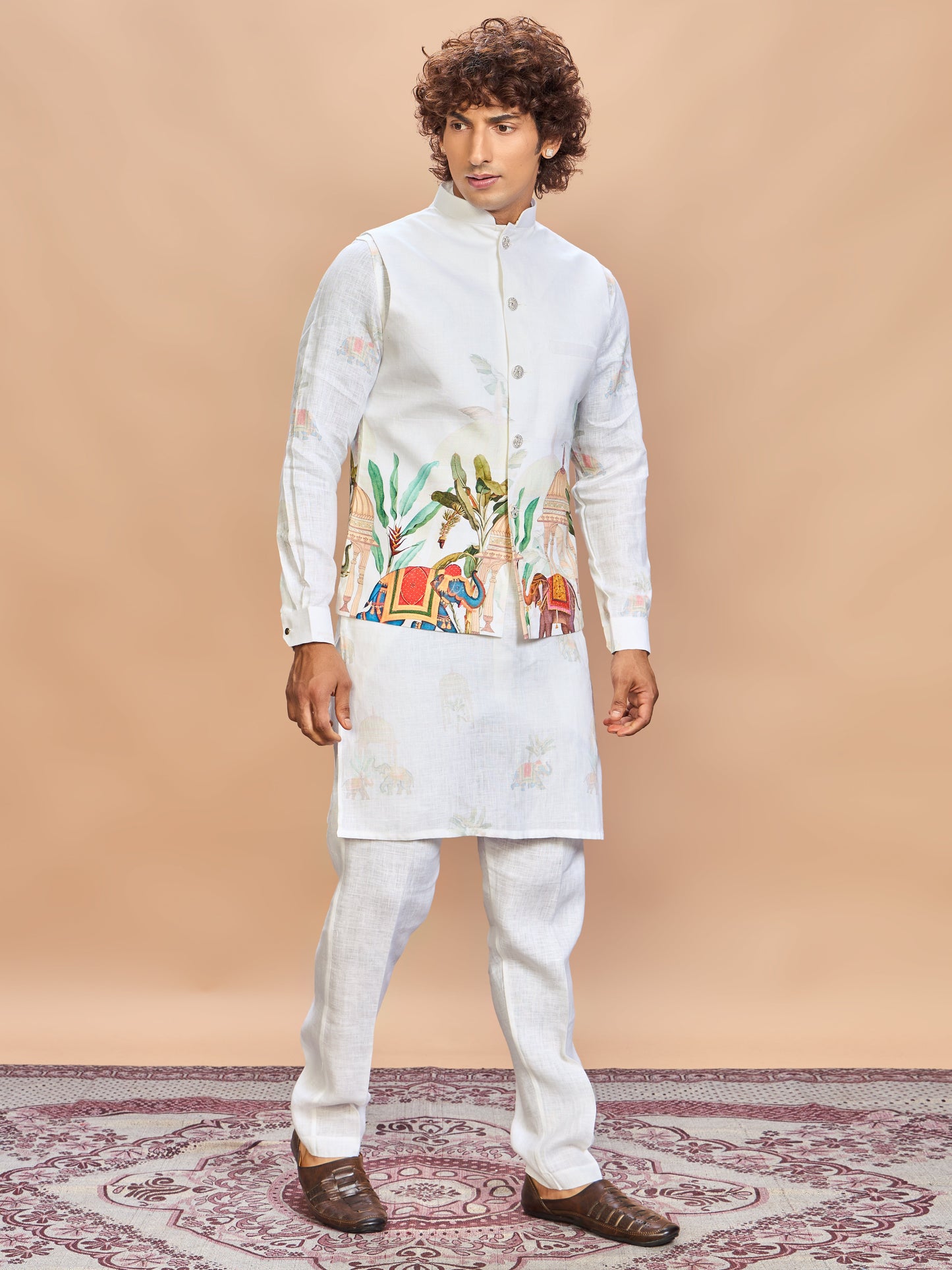 Cream Printed Linen Jacket Kurta Set for Men