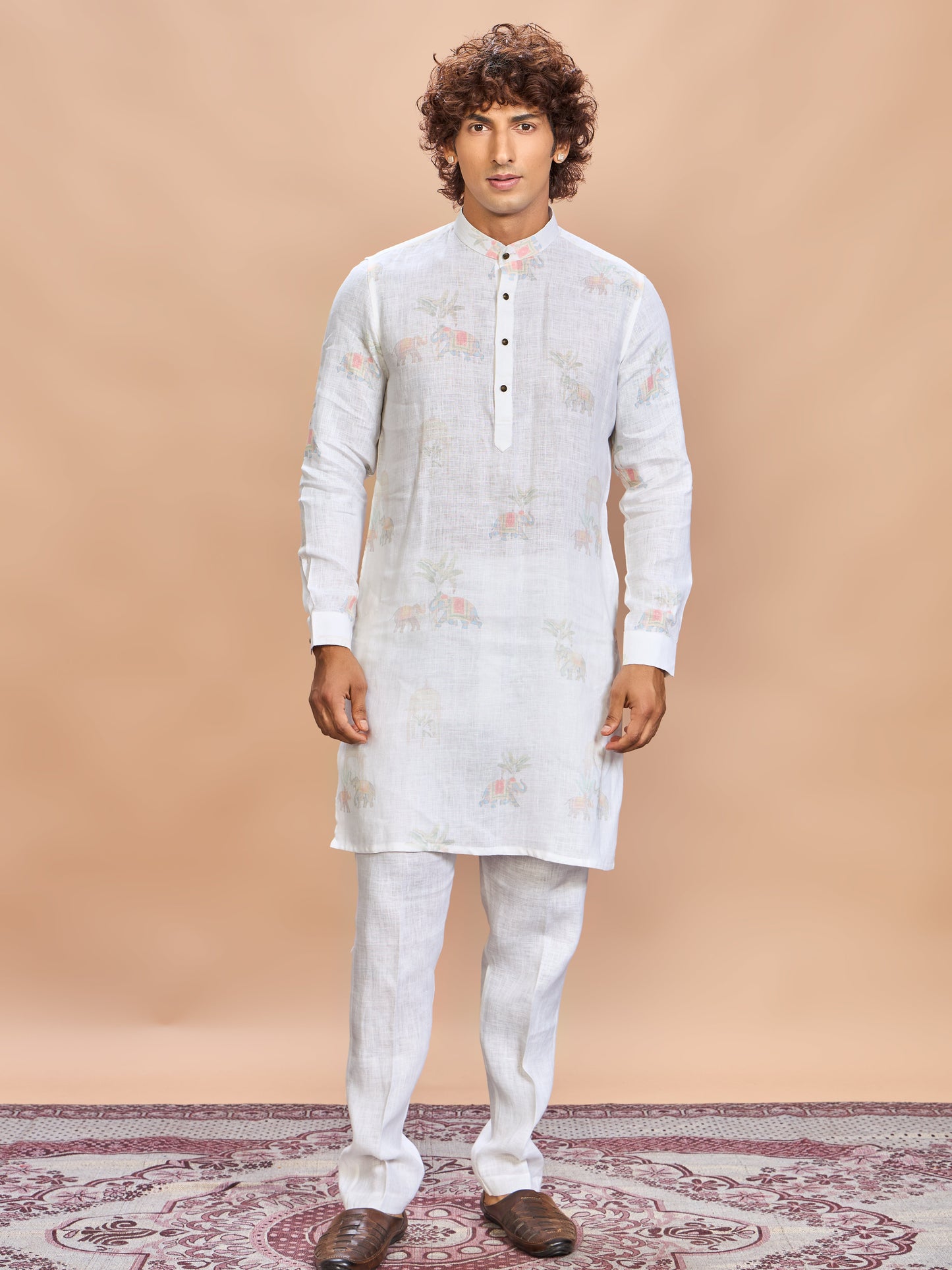 Cream Printed Linen Jacket Kurta Set for Men