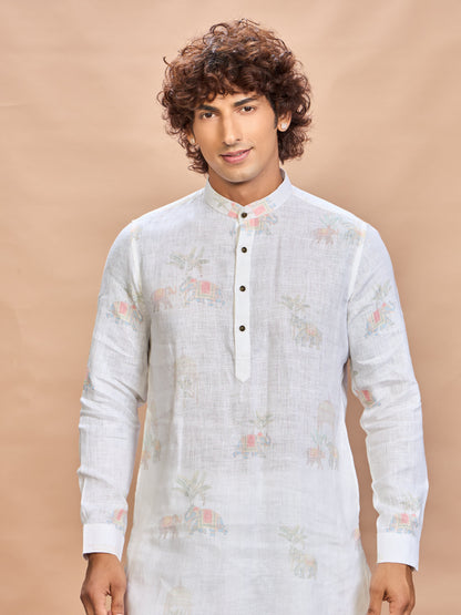 Cream Printed Linen Jacket Kurta Set for Men