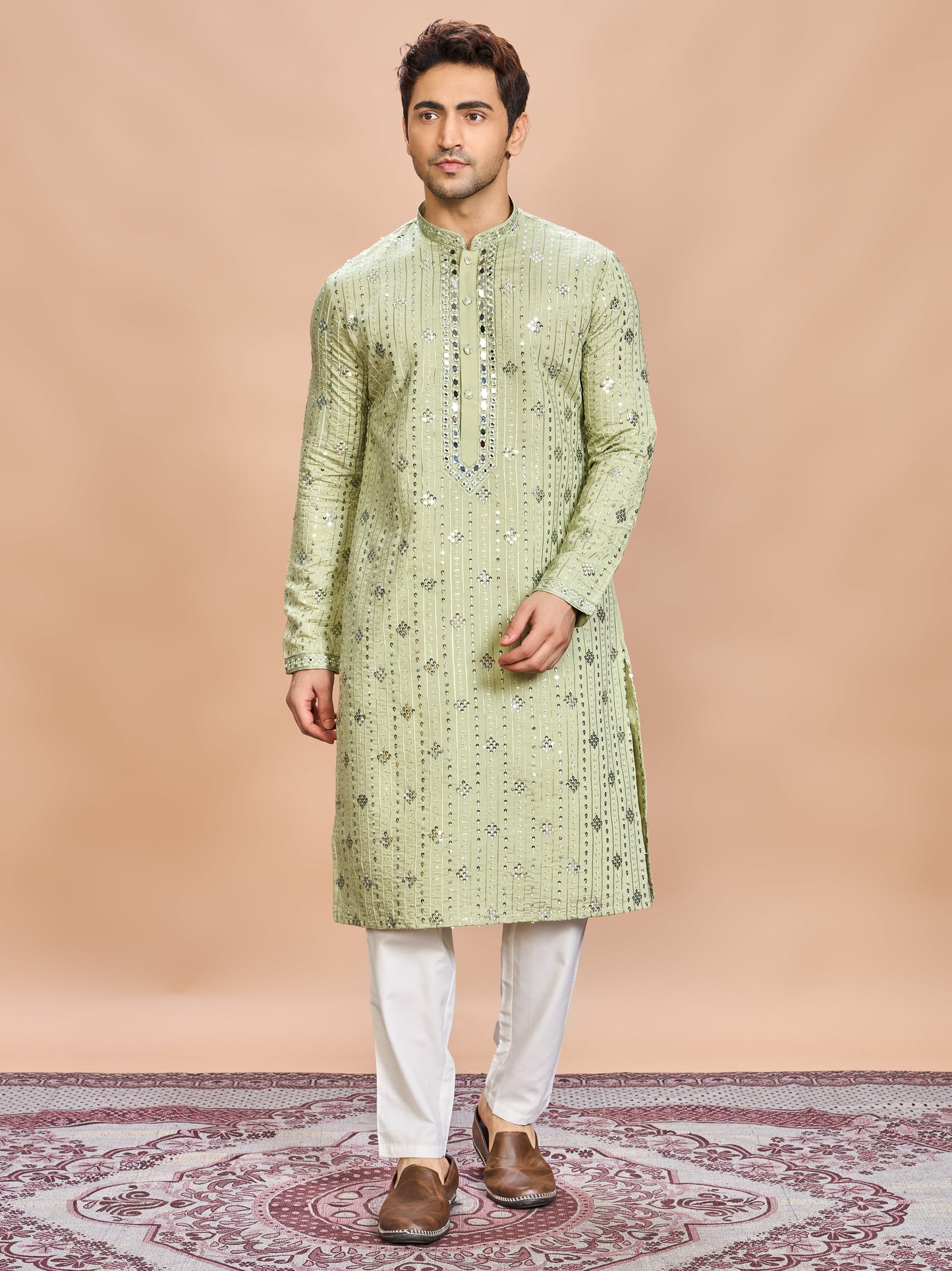 Green Silk Embroidered Kurta Set