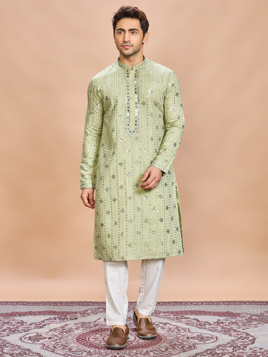 Green Silk Embroidered Kurta Set