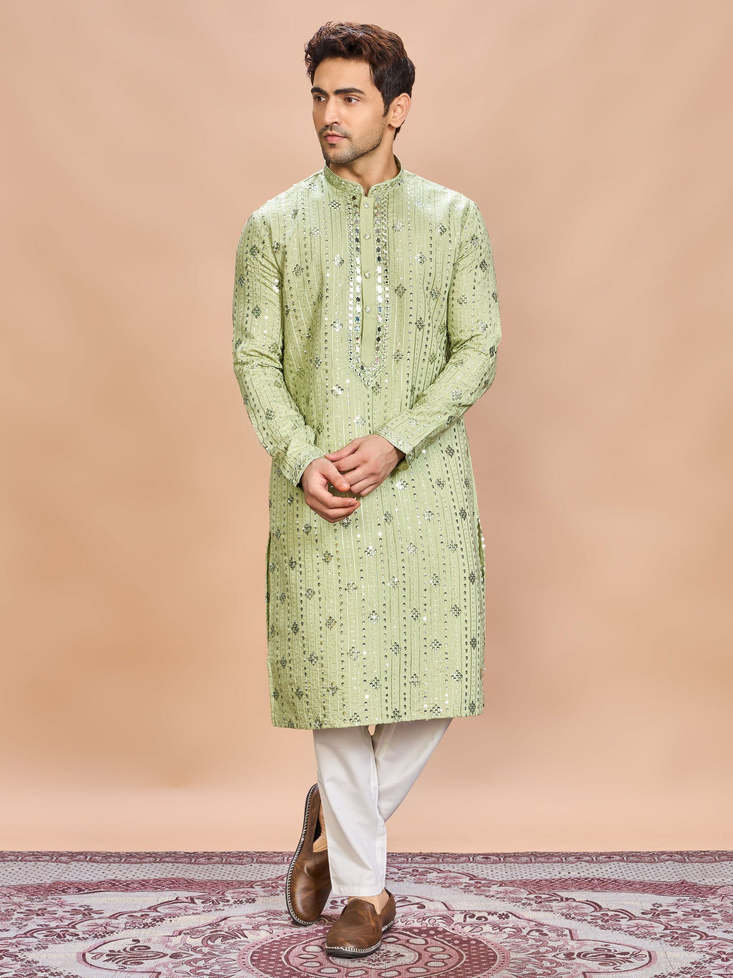 Green Silk Embroidered Kurta Set