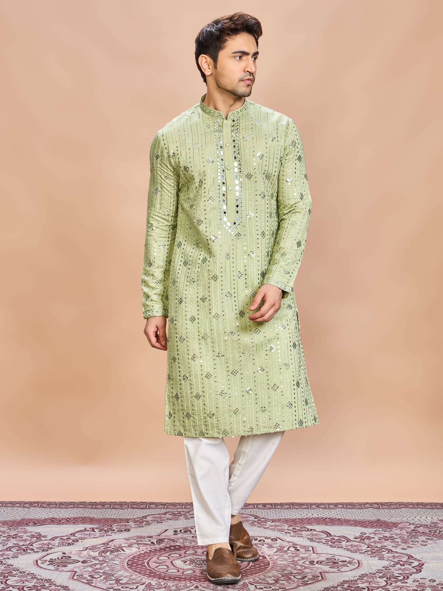 Green Silk Embroidered Kurta Set