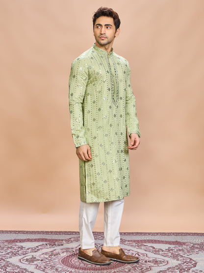 Green Silk Embroidered Kurta Set