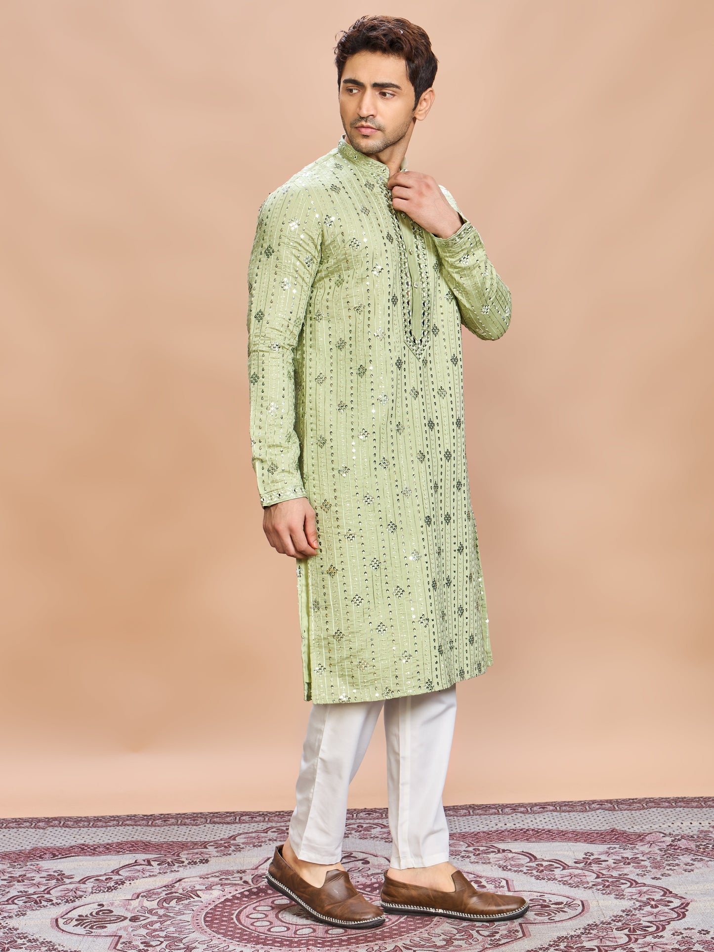 Green Silk Embroidered Kurta Set