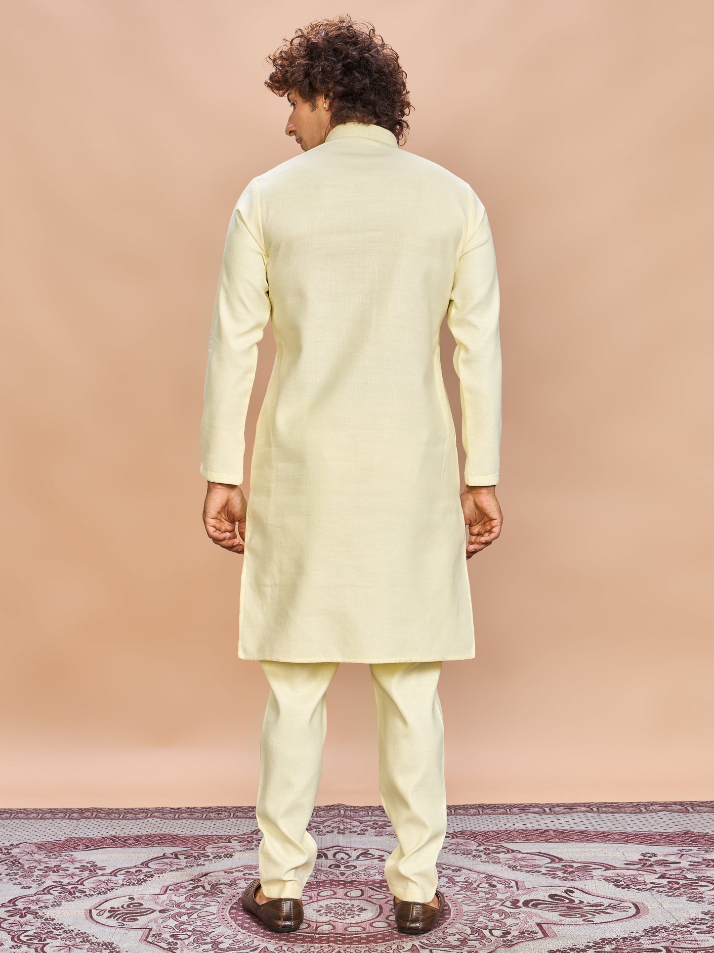 Light Yellow Linen Kurta Set for Men