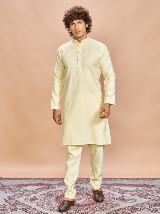 Light Yellow Linen Kurta Set for Men