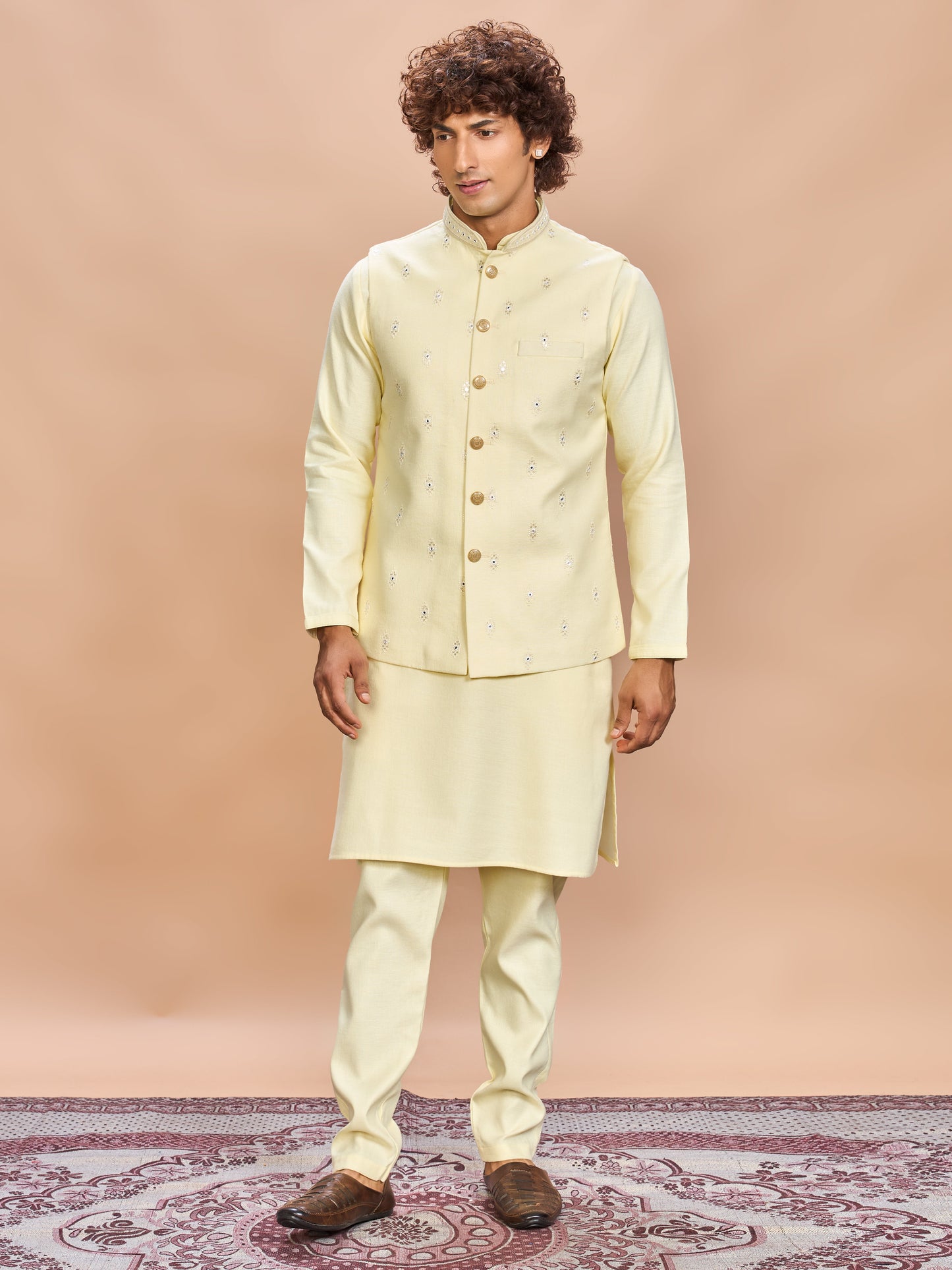 Light Yellow Linen Kurta Set for Men