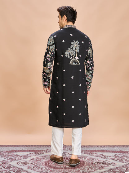 Black Silk Embroidered Kurta Set
