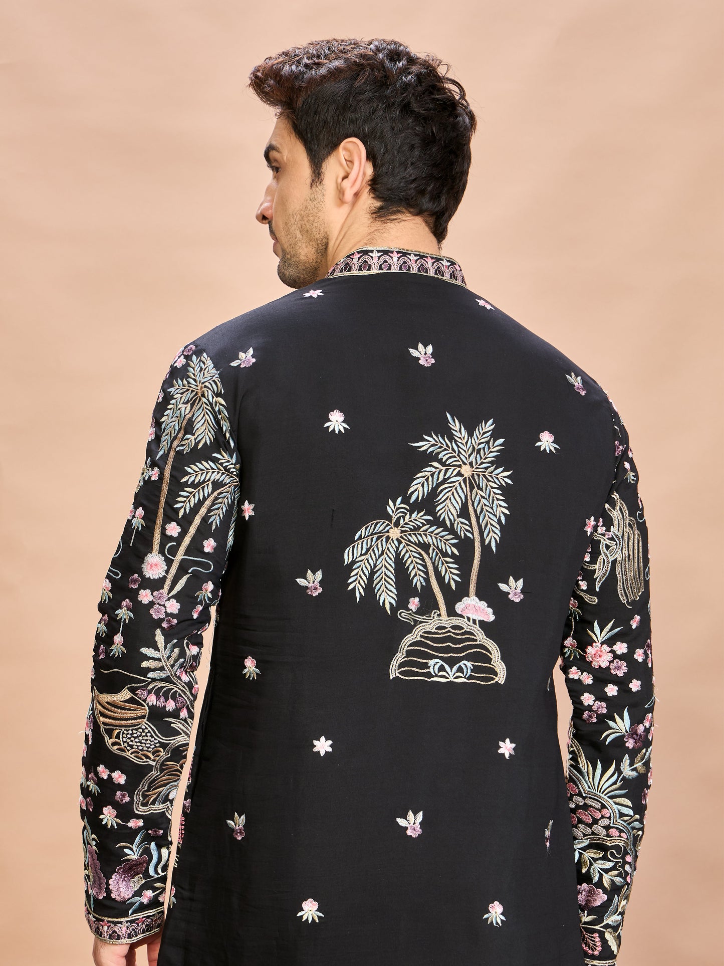 Black Silk Embroidered Kurta Set