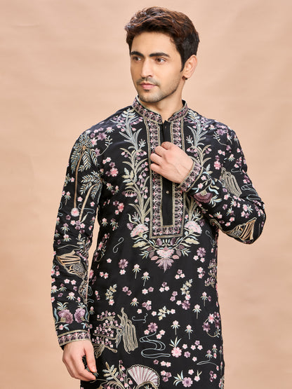 Black Silk Embroidered Kurta Set