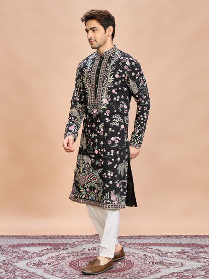 Black Silk Embroidered Kurta Set