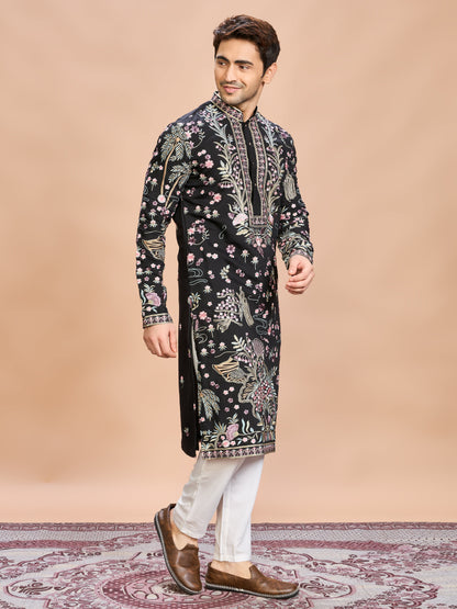 Black Silk Embroidered Kurta Set