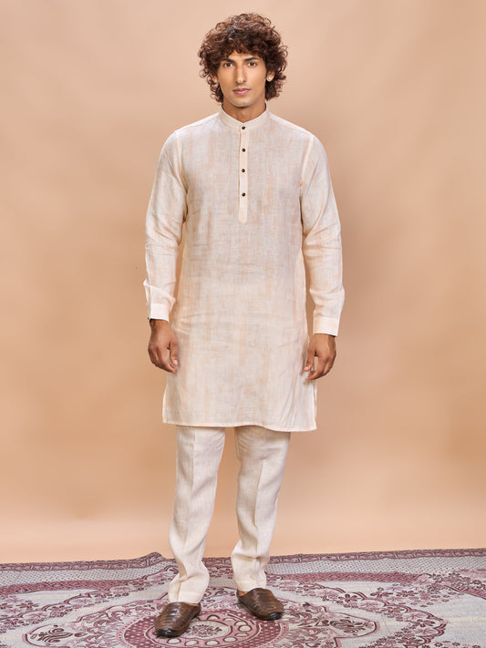 Peach Floral Linen Jacket Kurta Set for Men