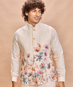 Peach Floral Linen Jacket Kurta Set for Men