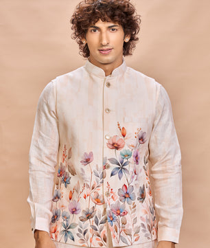 Peach Floral Linen Jacket Kurta Set for Men