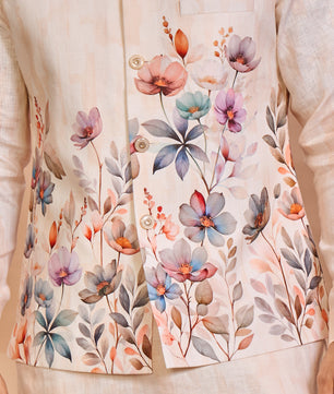 Peach Floral Linen Jacket Kurta Set for Men