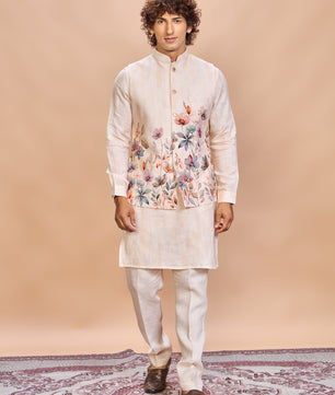 Peach Floral Linen Jacket Kurta Set for Men