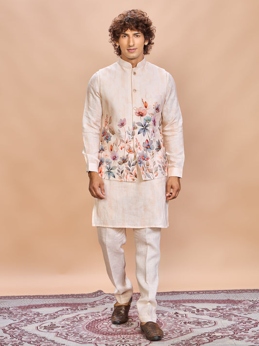 Peach Floral Linen Jacket Kurta Set for Men
